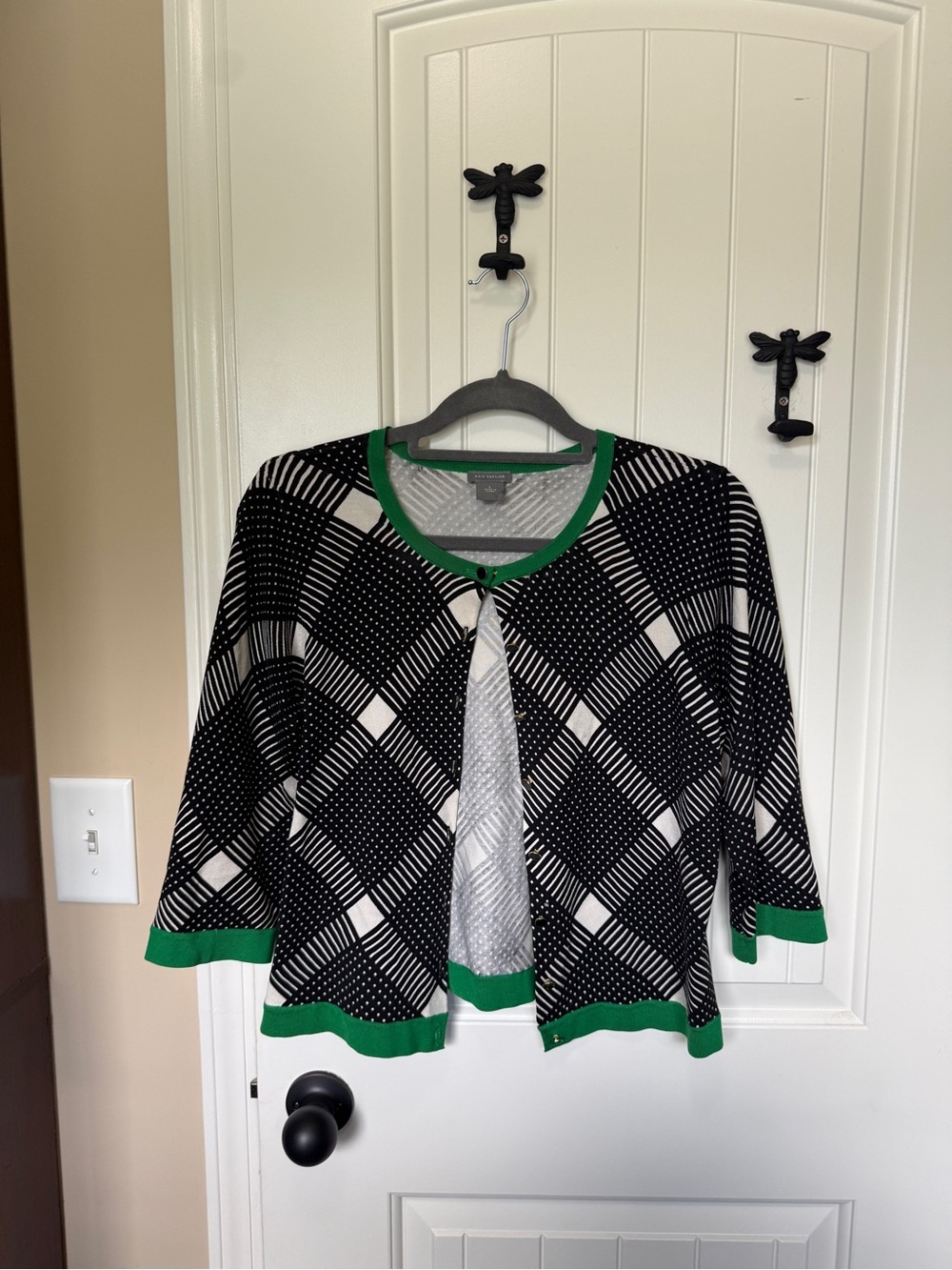 Ann‎ Taylor Black & White Plaid Cardigan with Green Trim